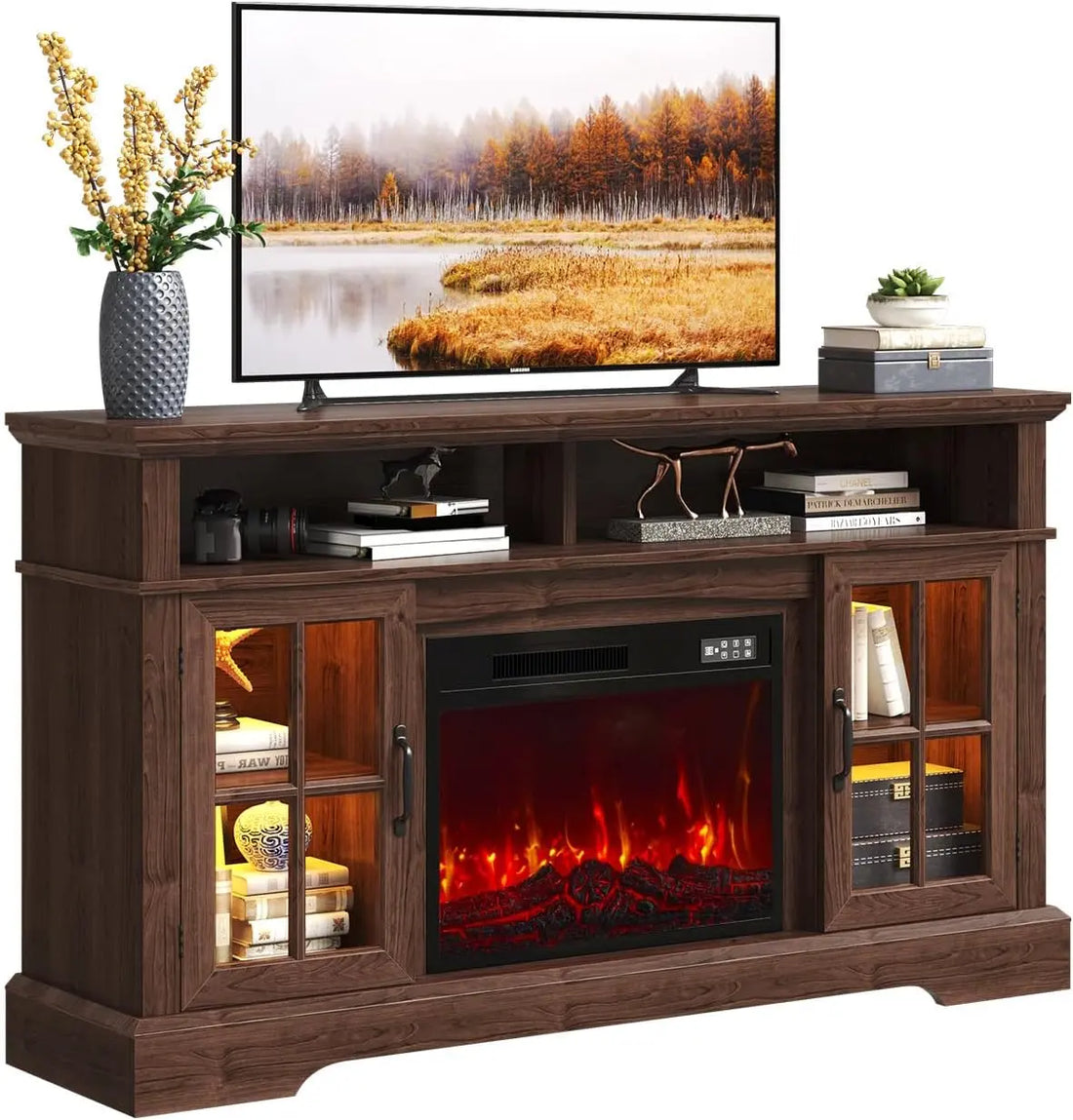 Fireplace TV Stand, Modern Entertainment Center for Tvs up to 70", TV Console with Storage Cabinets & Electric Fireplace, Brown Media Console for Living Room