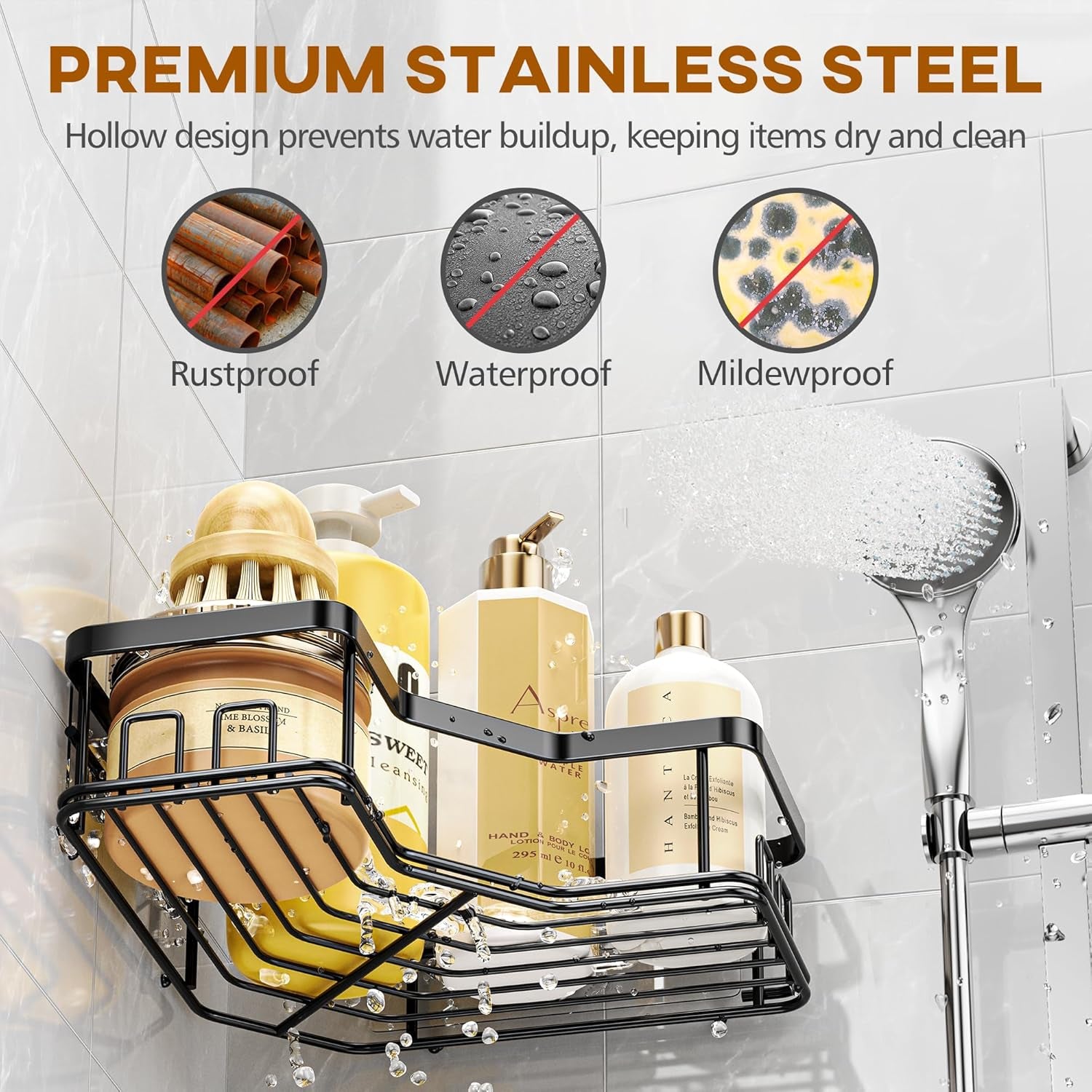 Shower Caddy, 3-Pack Adhesive Stainless Steel Shower Organizer Corner Shower Caddy, Corner Shower Shelf with 8 Hooks, Shower Shelves Storage Shower Shelf for inside Shower, Black