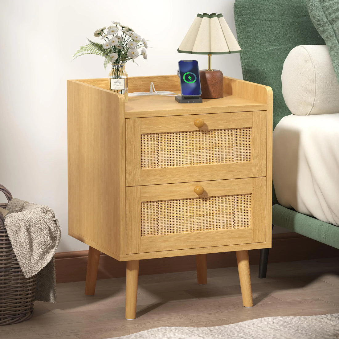 Rattan Nightstand with Charging Station, Rattan Boho End Table with 2 Drawers Bedroom Bedside Side Tables Natural Night Stand for Living Room,Bedroom,Dorm Room Essentials Fathers Day Gift Ideas,Dorm Essentials,Home Decor