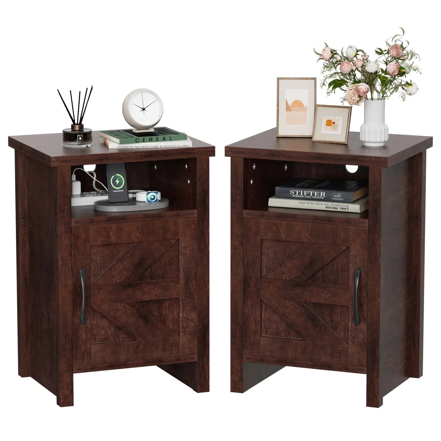 Furmax Farmhouse Nightstand Sets of 2, Mdf+Pine Wooden Bedside Cabinets with Open Shelf Storage, Stable Strong Modern Furniture for Bedroom Home Decor Use
