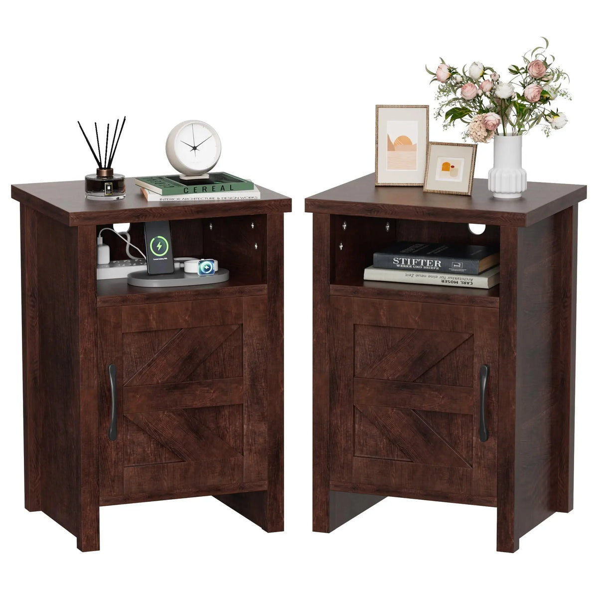 Furmax Farmhouse Nightstand Sets of 2, Mdf+Pine Wooden Bedside Cabinets with Open Shelf Storage, Stable Strong Modern Furniture for Bedroom Home Decor Use