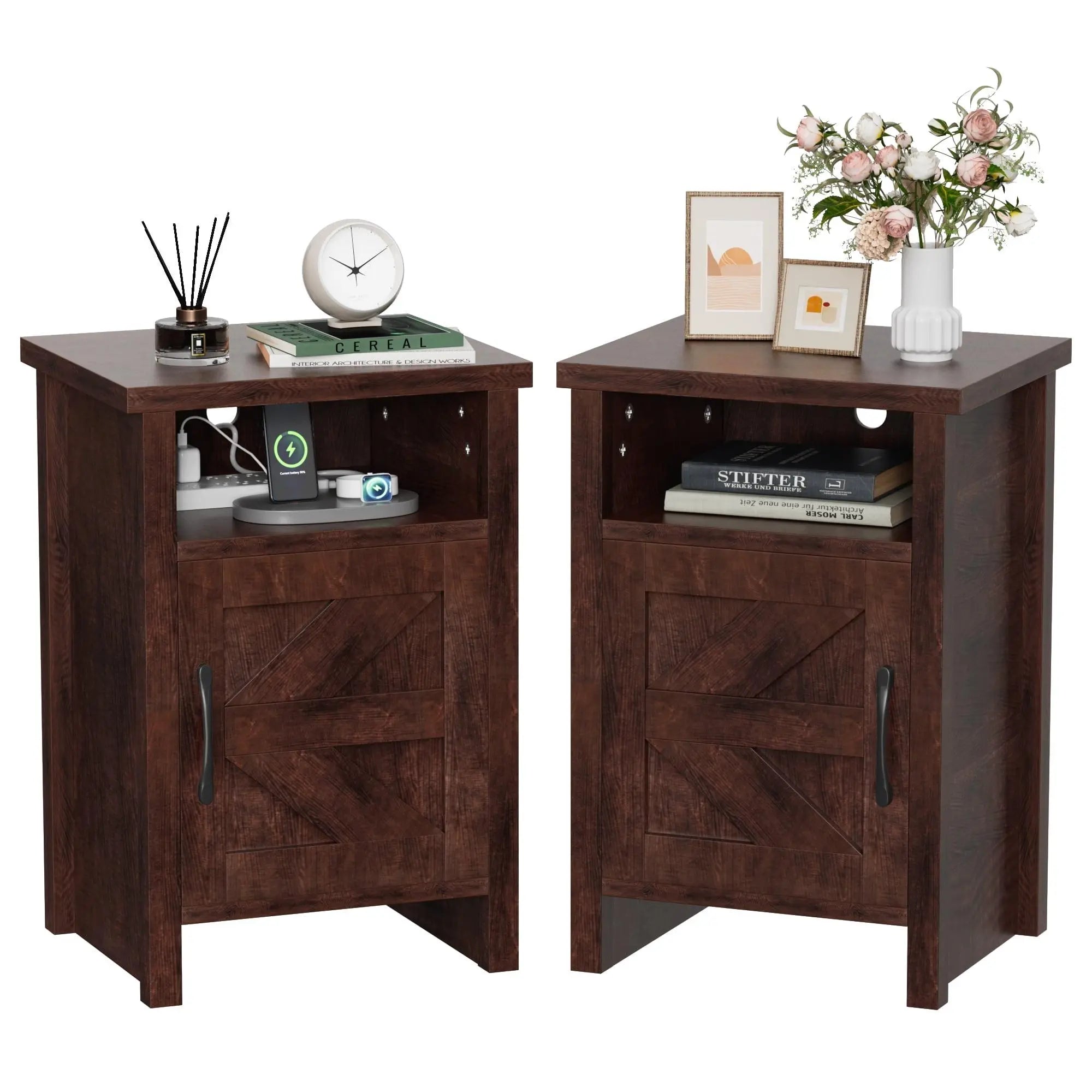 Furmax Farmhouse Nightstand Sets of 2, Mdf+Pine Wooden Bedside Cabinets with Open Shelf Storage, Stable Strong Modern Furniture for Bedroom Home Decor Use
