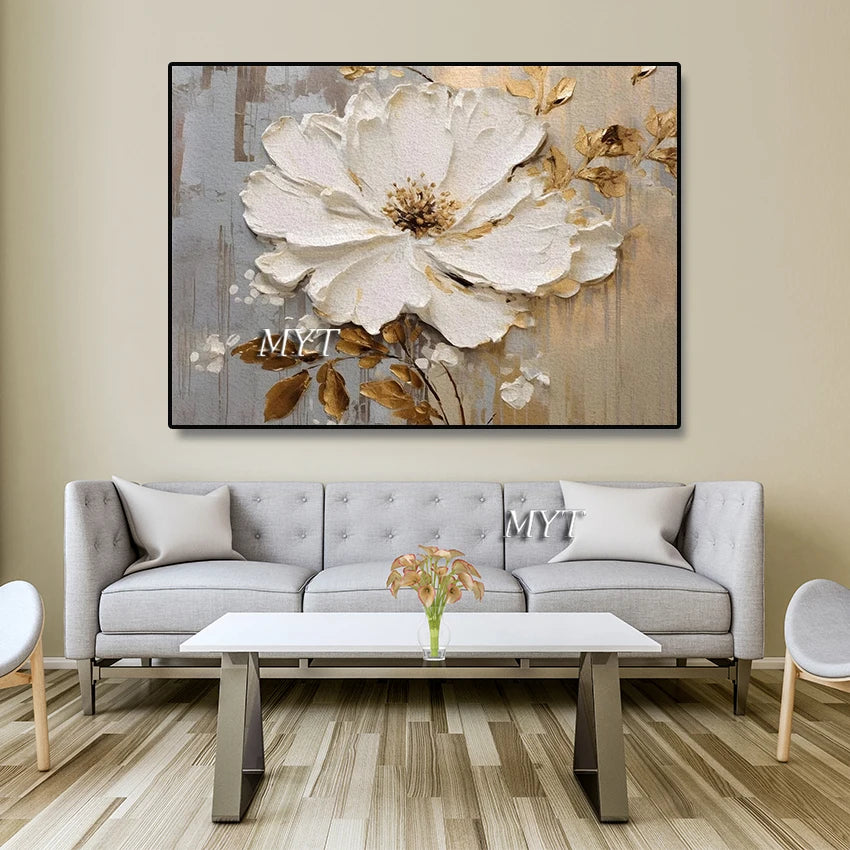 Fancy Home Decor Hot Sale Home Decor Flower Pictures Pieces White Flower Wall Art Oil Paintings Unframed