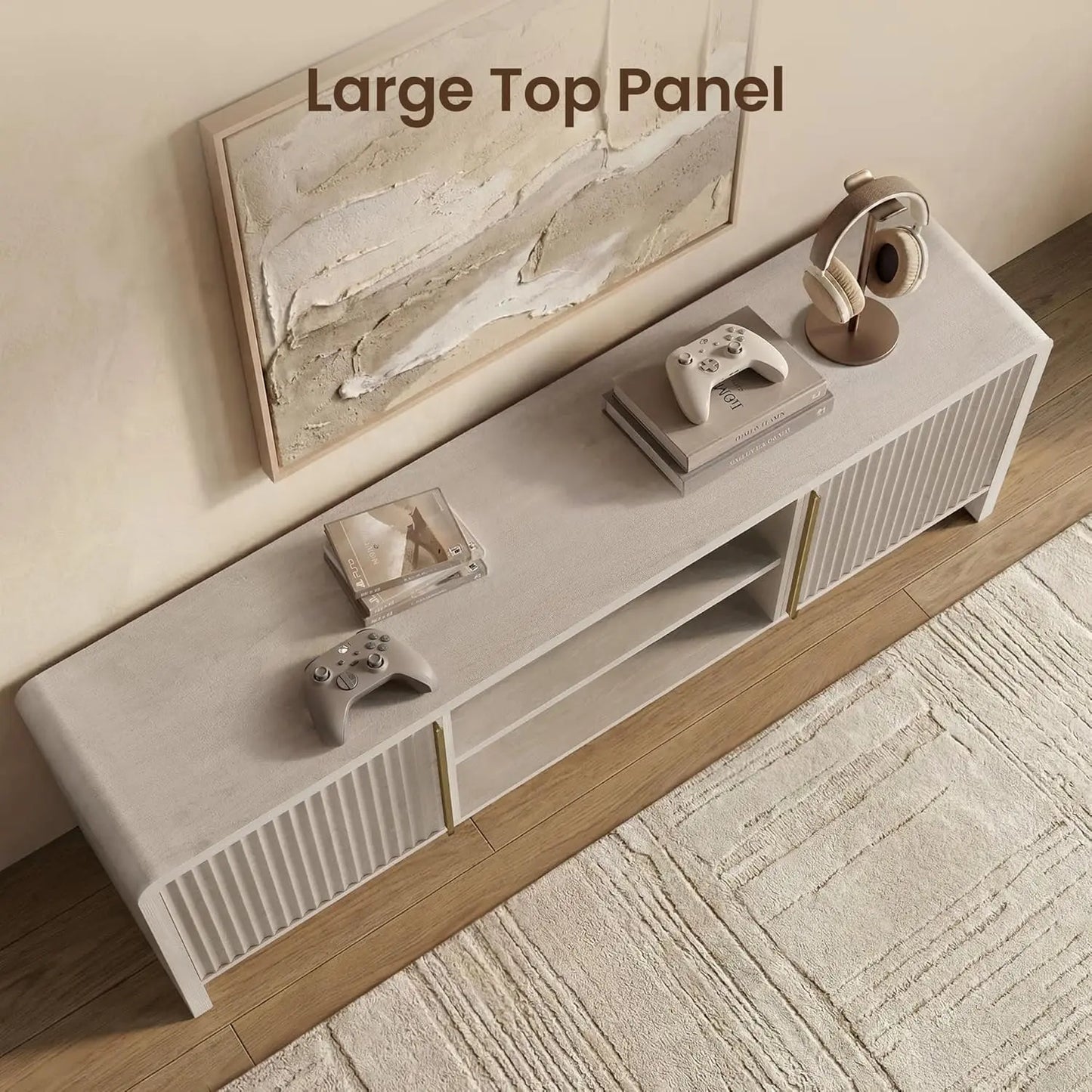 [2 Packages Shipping] Modernmate 70.1" Fluted TV Stand - Entertainment Console with LED Light for up to 80-Inch Tvs, Modern Storage Unit with Adjustable Open Shelf & 2 Cabinets for Living Room, Bedroom, White Alder, Entertainment Tv Stand,Caly