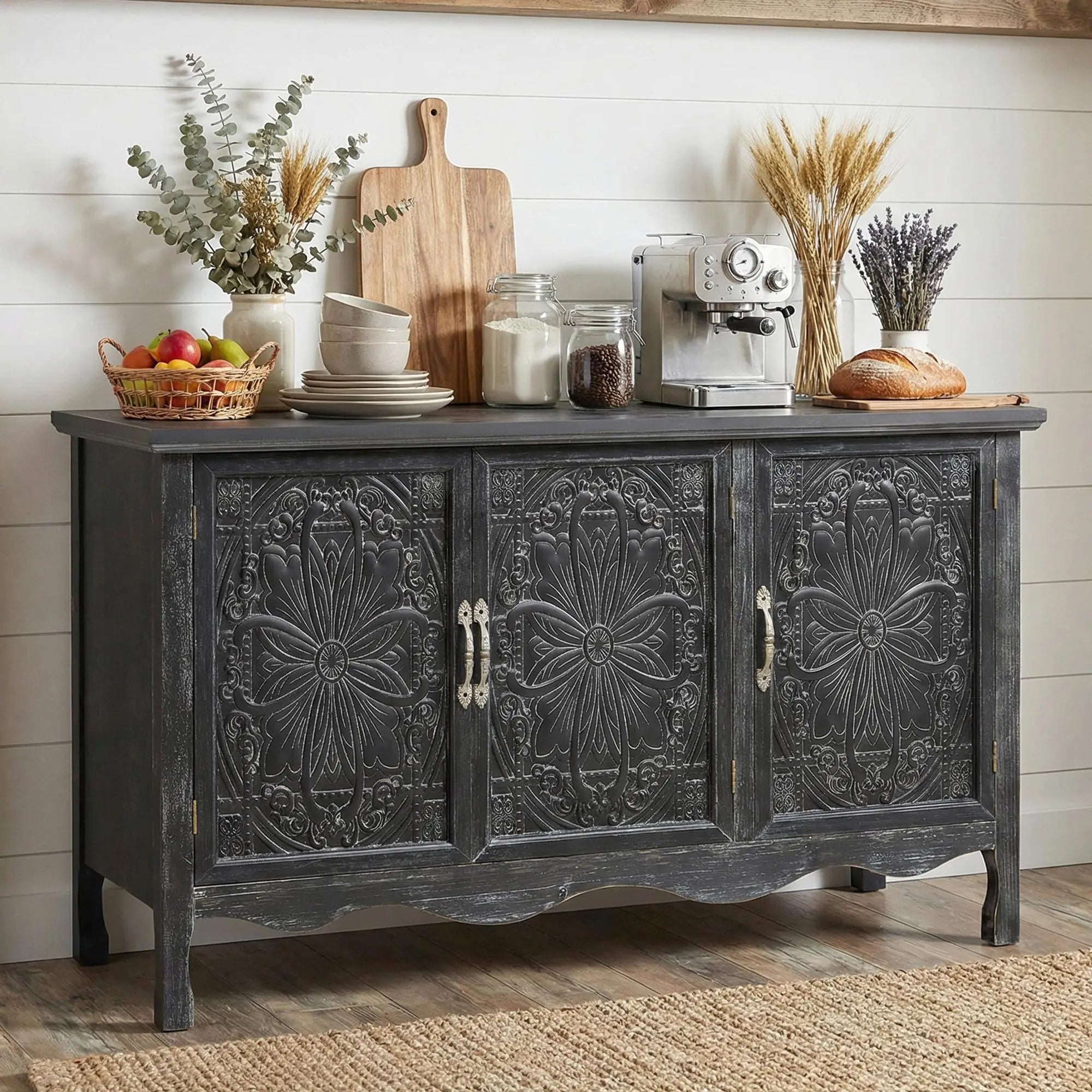 【Summervibes】Royalcraft L Farmhouse Sideboard Buffet Cabinet with Storage, 49" Solid Wood Credenza Buffet Table Coffee Bar Wine Bar Storage Cabinet with 3 Doors for Dining Room Living Room Hallway, (Provence Grain)