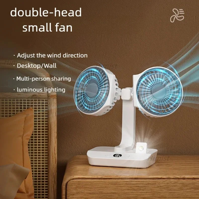 Double Head Desktop Oscillating Fan USB Rechargeable 4000Mah Battery Powered Portable Automatic Rotating Table Fan 4 Gear Wind