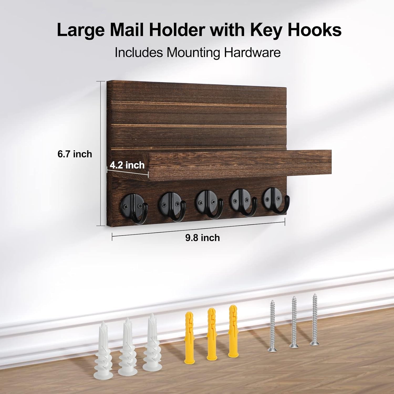 Key Holder for Wall, Decorative Key and Mail Holder with Shelf Has Large Key Hooks for Bags, Coats – Paulownia Wood Key Hanger with Mounting Hardware (9.8”W X 6.7”H X 4.2”D) (Brown)