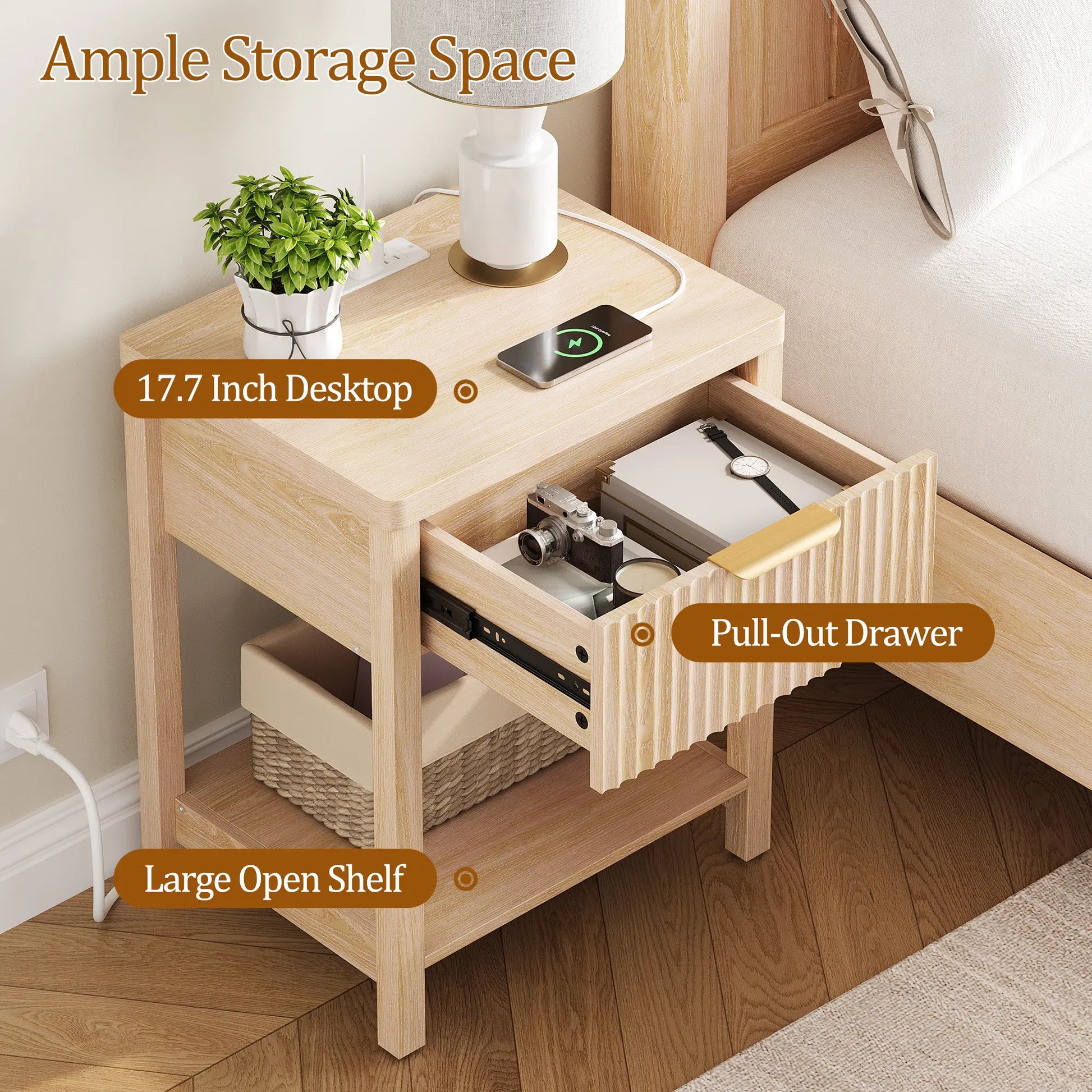 Aowos Fluted Nightstand, Bedside Tables with Charging Station, Boho Side Tables with Drawer & Open Compartment for Bedroom Wooden Tabletop, Bedside Cabinet with USB Ports, Nightstand with Storage, Apartment Nightstand, Kids Bedside Table Tiktokshopspringg