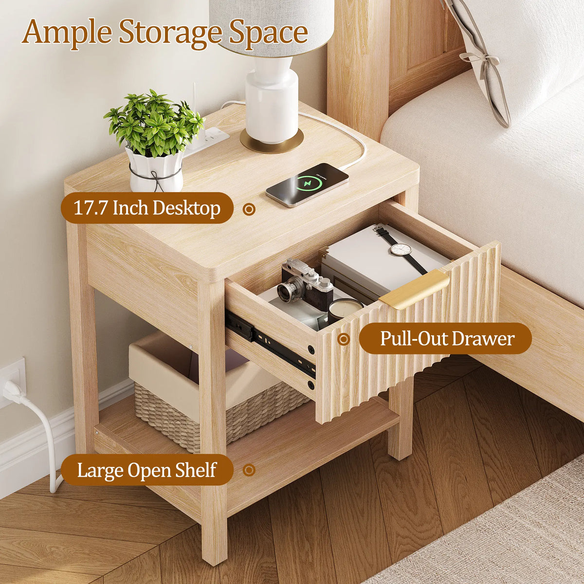 Aowos Fluted Nightstand, Bedside Tables with Charging Station, Boho Side Tables with Drawer &amp; Open Compartment for Bedroom Wooden Tabletop, Bedside Cabinet with USB Ports, Nightstand with Storage, Apartment Nightstand, Kids Bedside Table Tiktokshopspringg