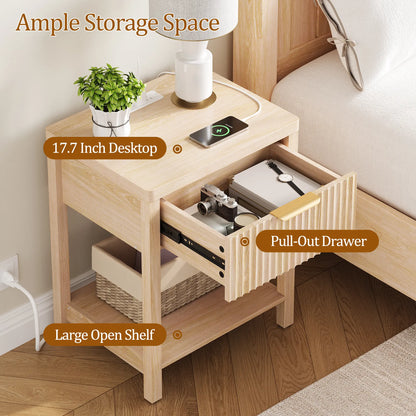 Aowos Fluted Nightstand, Bedside Tables with Charging Station, Boho Side Tables with Drawer &amp; Open Compartment for Bedroom Wooden Tabletop, Bedside Cabinet with USB Ports, Nightstand with Storage, Apartment Nightstand, Kids Bedside Table Tiktokshopspringg