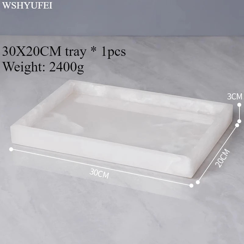 White Jade Stone Bathroom Accessory Set - elegant rectangular tray with dimensions 30X20CM.
