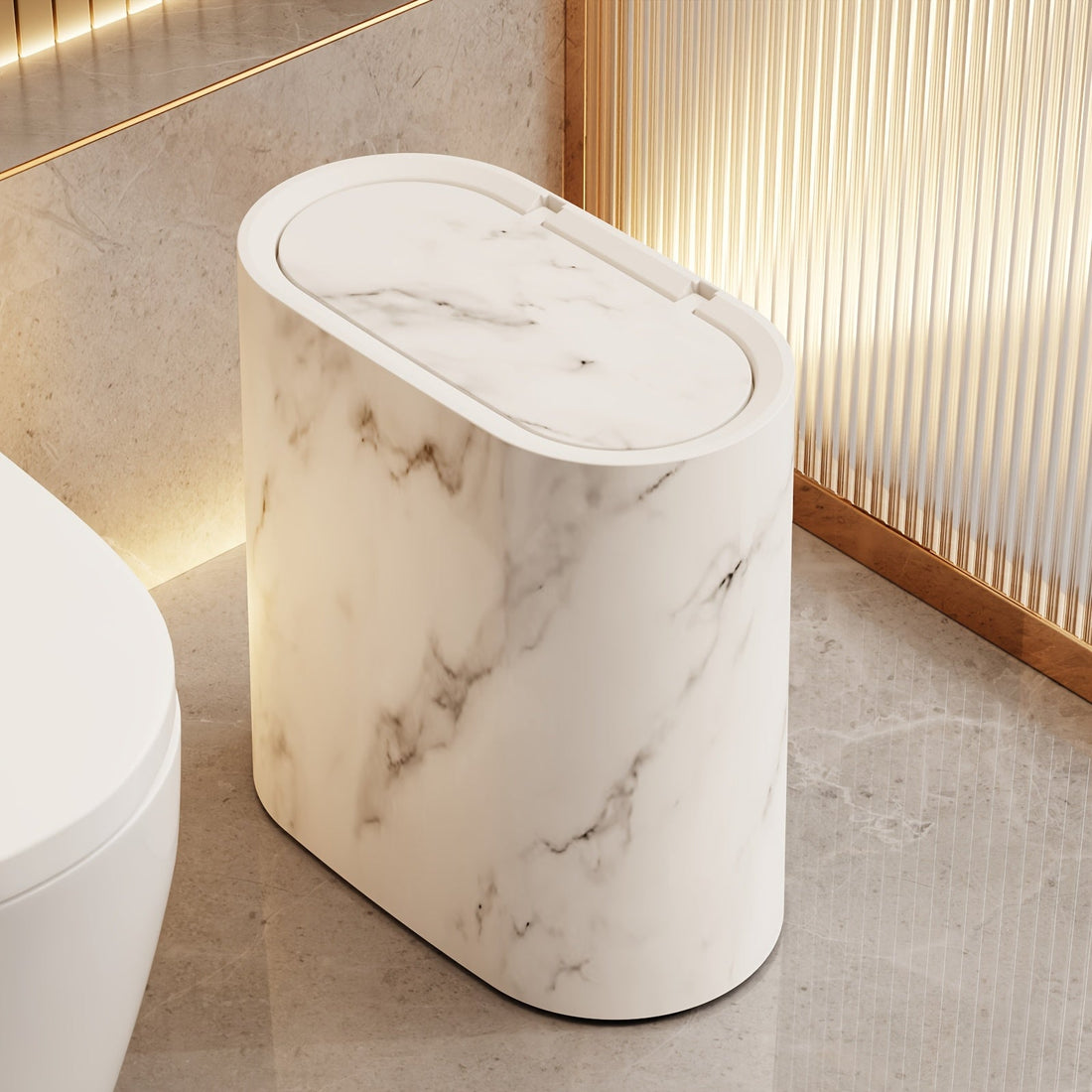 Marble Pattern Bin with Lid – Oval – Space-Saving – Bathroom & Kitchen