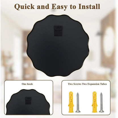 Scalloped Circle Mirror, 24" Wavy Edge round Wall Mirror with Tempered Glass Textured Circular Metal Deep Frame, Leaning for Bathroom, Hallway, Entryway, Livng Room