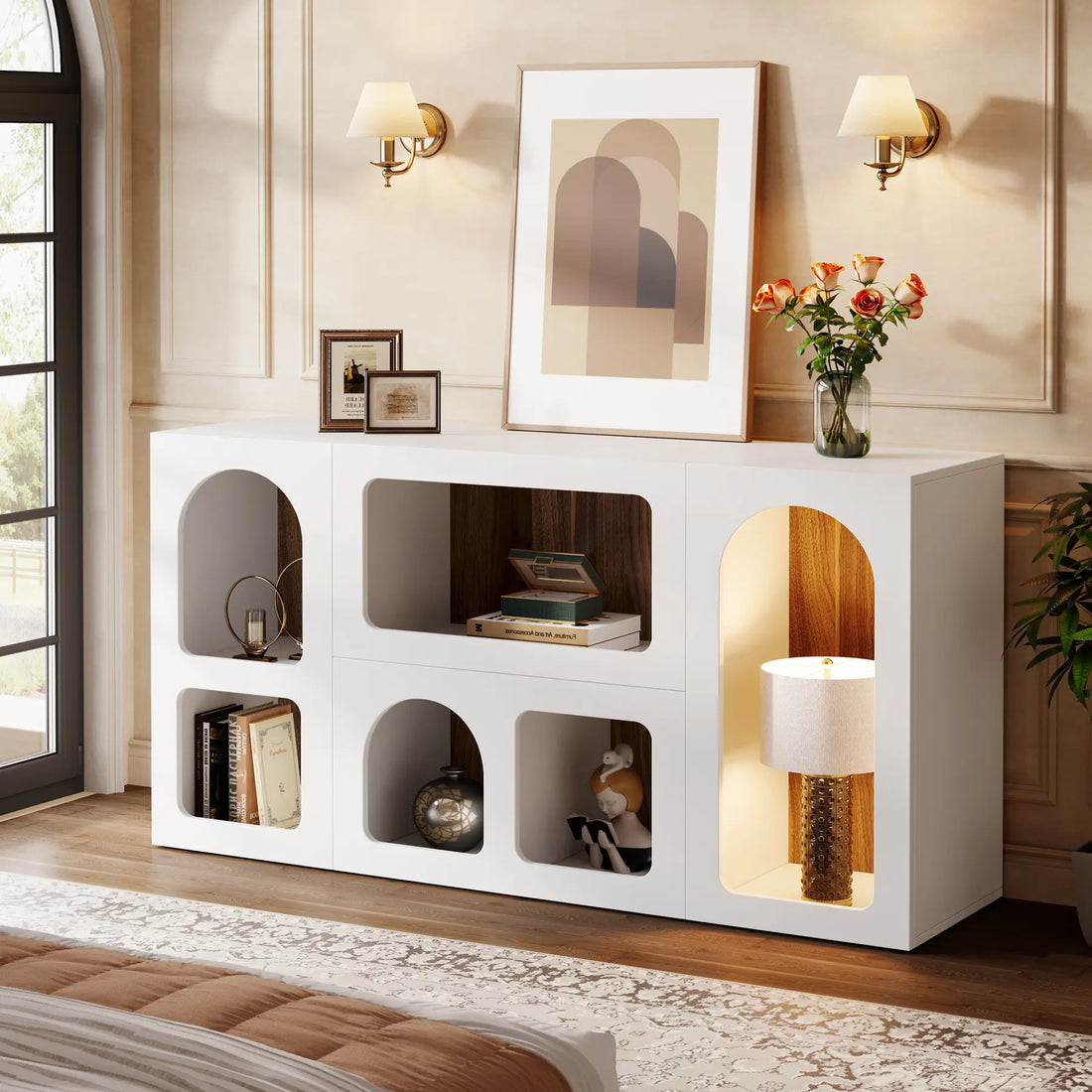 LITTLE TREE 59" White Console Table, Modern Entryway Table, Wooden Storage Organizer Entrance Table with 6 Compartments, Long Sofa Table, behind Couch Table with Storage for Living Room, Hallway, Foyer Arched Shelf