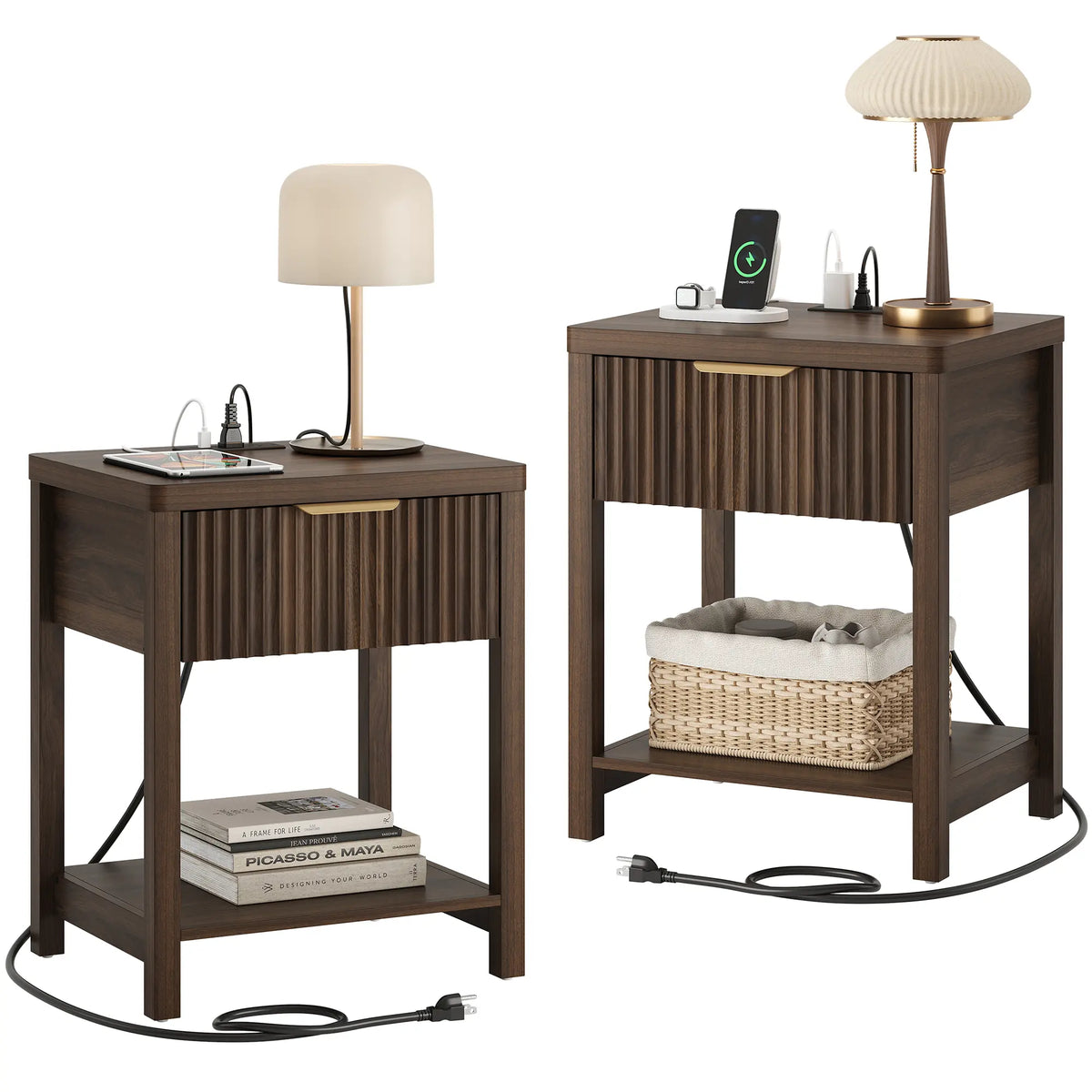 Aowos Fluted Nightstand, Bedside Tables with Charging Station, Boho Side Tables with Drawer &amp; Open Compartment for Bedroom Wooden Tabletop, Bedside Cabinet with USB Ports, Nightstand with Storage, Apartment Nightstand, Kids Bedside Table Tiktokshopspringg