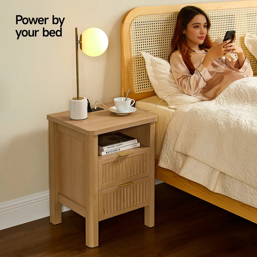 【Summerfinds】Onbrill 2-Piece Bedside Cabinet Set - 23.62" Modern Wood Nightstands with Fluted Panels, Drawers, 2 USB Ports, Glides, Curved Profile, 17.72"W×15.75"D×23.62"H End Tables for Bedroom Decor, Small Spaces,Dorm Essentials,Home Decor