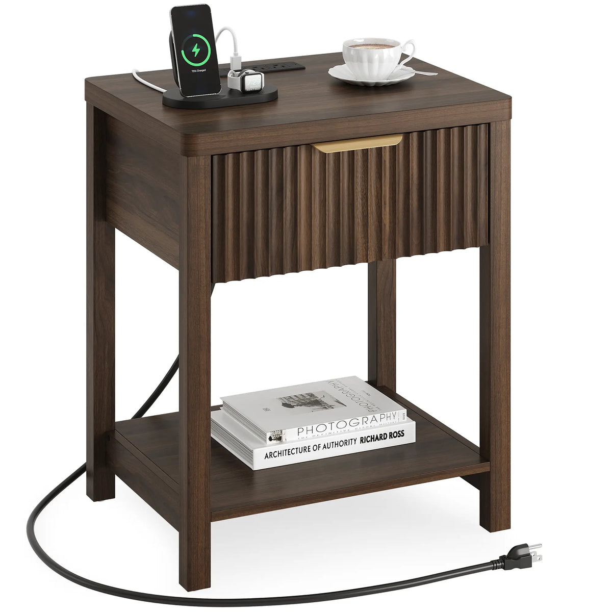 Aowos Fluted Nightstand, Bedside Tables with Charging Station, Boho Side Tables with Drawer &amp; Open Compartment for Bedroom Wooden Tabletop, Bedside Cabinet with USB Ports, Nightstand with Storage, Apartment Nightstand, Kids Bedside Table Tiktokshopspringg