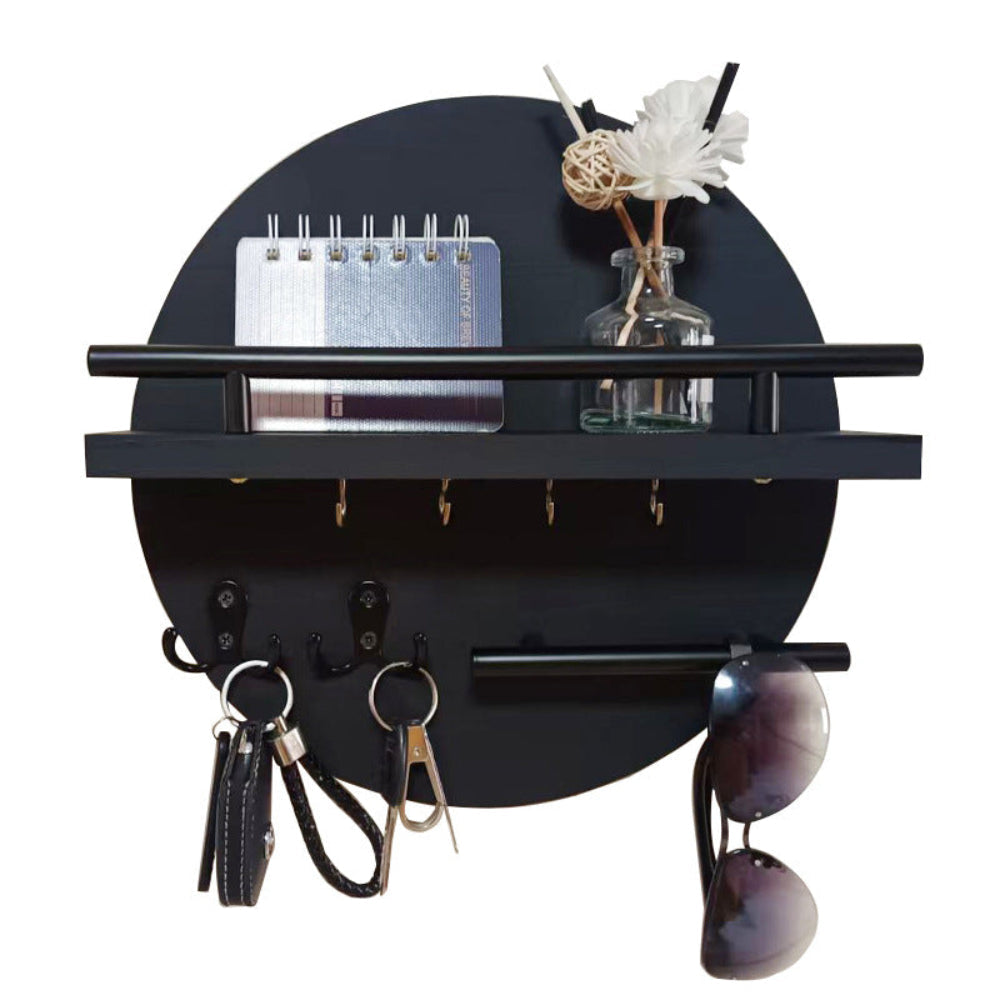 Round Wooden Key Holder – Wall-Mounted – Hooks & Shelf – Entryway Organiser