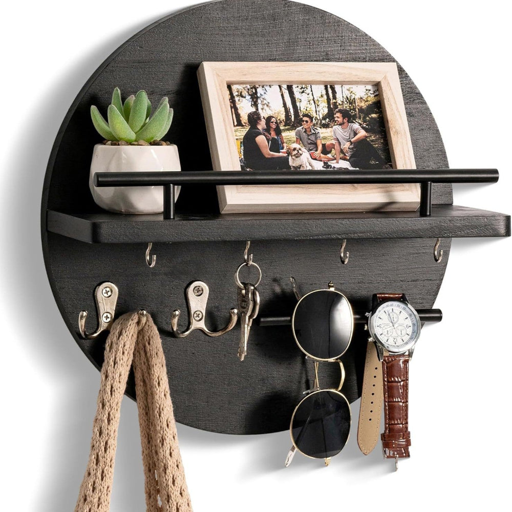 Round Wooden Key Holder – Wall-Mounted – Hooks & Shelf – Entryway Organiser