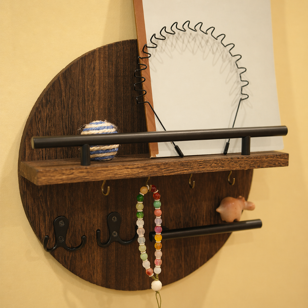 Round Wooden Key Holder – Wall-Mounted – Hooks & Shelf – Entryway Organiser