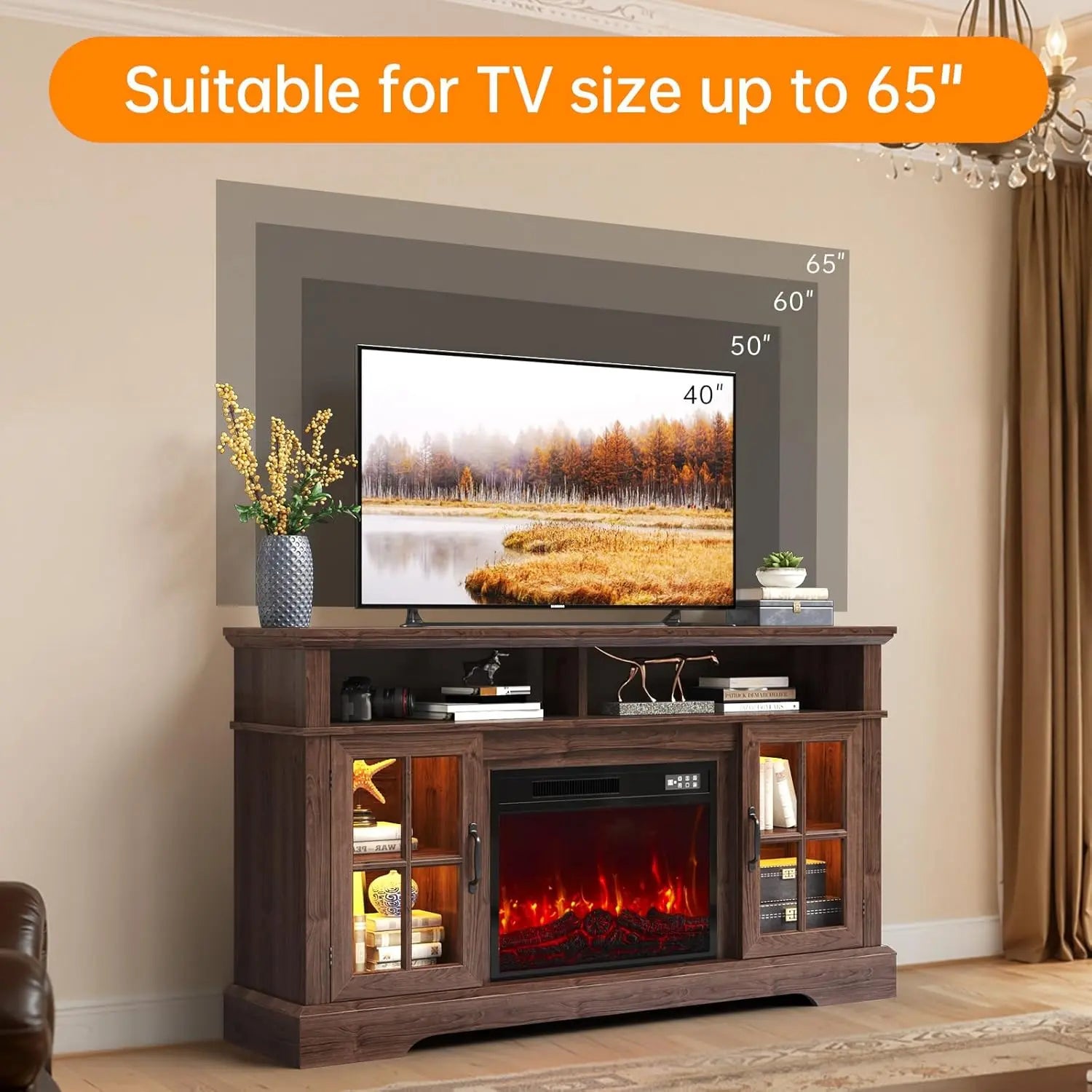 Fireplace TV Stand, Modern Entertainment Center for Tvs up to 70", TV Console with Storage Cabinets &amp; Electric Fireplace, Brown Media Console for Living Room