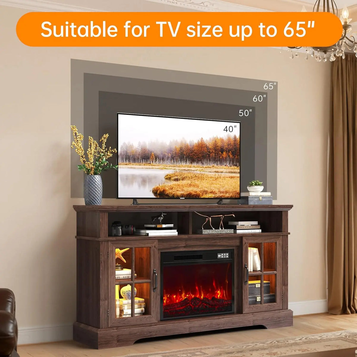 Fireplace TV Stand, Modern Entertainment Center for Tvs up to 70", TV Console with Storage Cabinets &amp; Electric Fireplace, Brown Media Console for Living Room