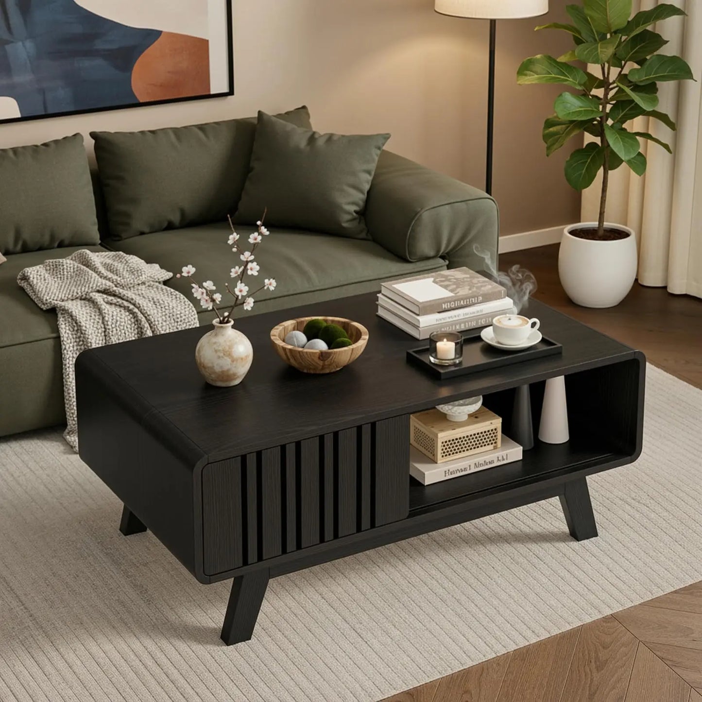 【Summerfinds】Onbrill Coffee Table, Mid Century Modern Table with Storage Compartment, Fluted Table with Sliding Cabinet Door, Farmhouse Wood Coffee Table for Living Room,Dorm Essentials,Home Decor