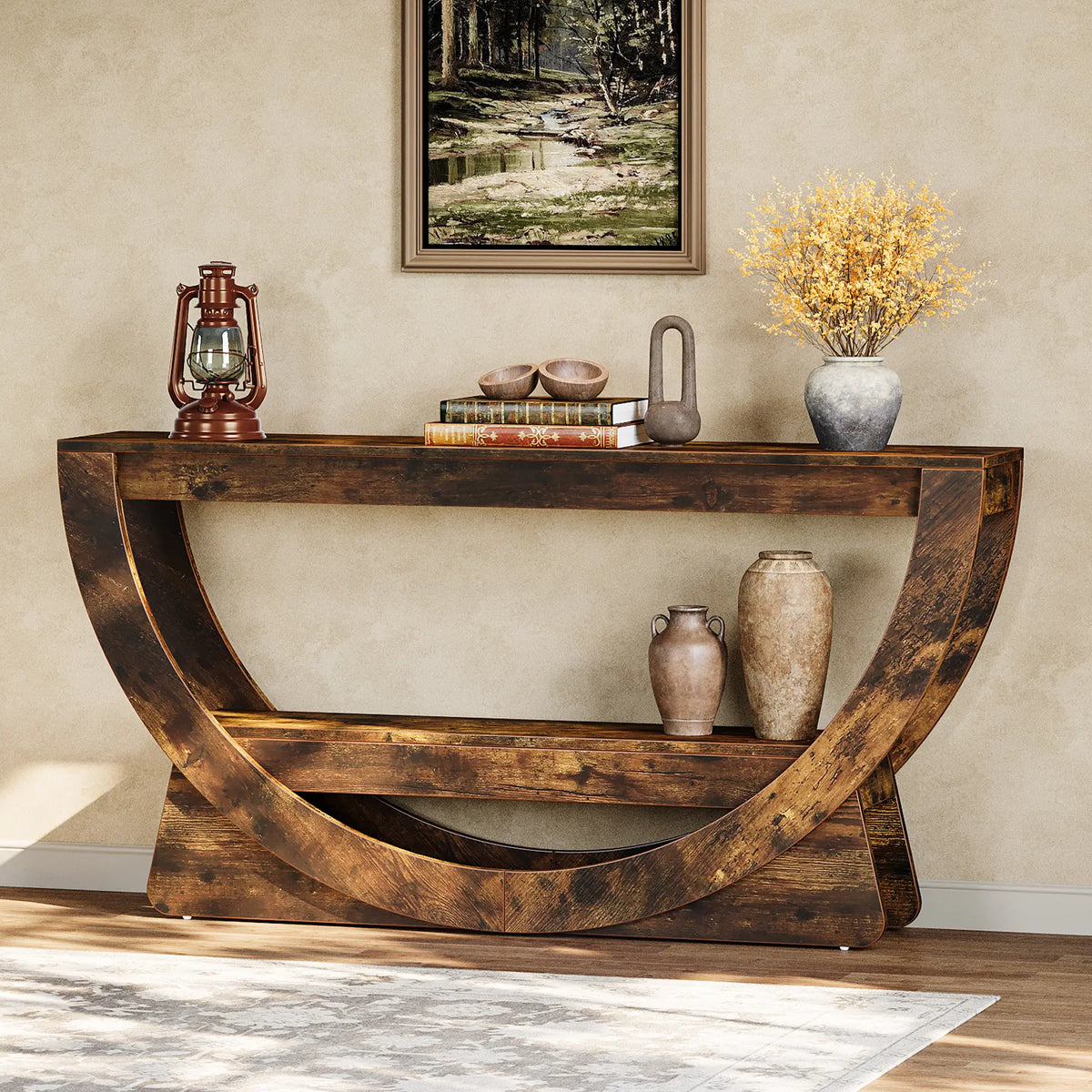 LITTLE TREE 63-Inch Console Table, Farmhouse 2-Tier Entryway Table with Storage Shelves, Narrow Long Sofa Table behind Couch, Wooden Accent Table for Hallway, Living Room, Entrance, Foyer