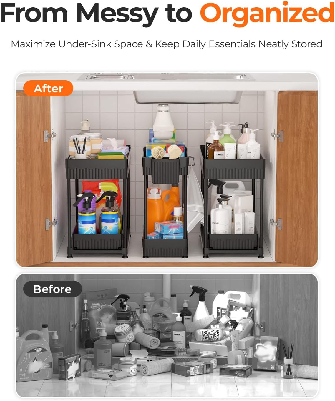 3 Pack under Sink Organizers, 2-Tier Multi-Use Kitchen and Bathroom Organizers and Storage with Sliding Drawers，Bathroom Cabinet Organizer (Black, 12.8 Inch)