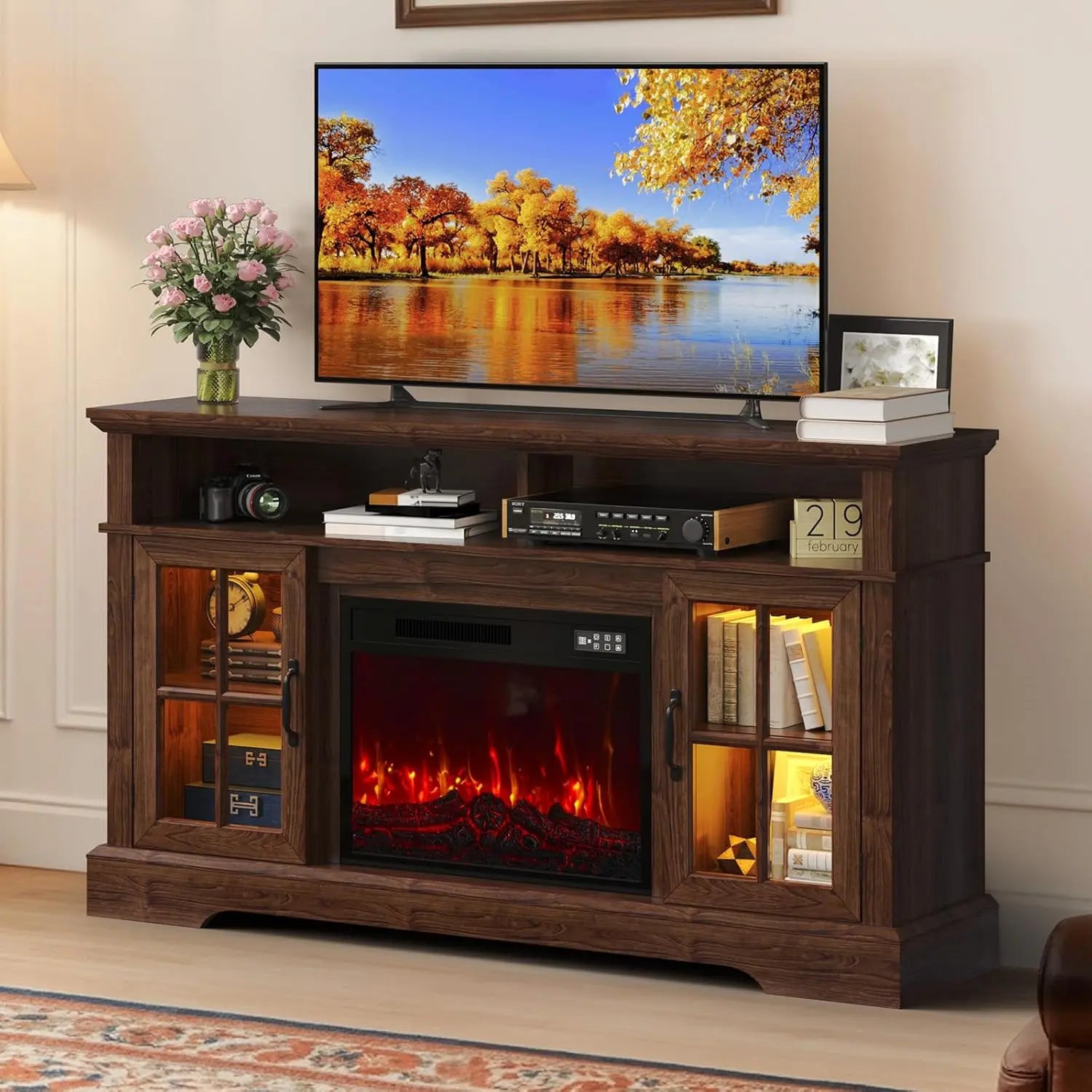 Fireplace TV Stand, Modern Entertainment Center for Tvs up to 70", TV Console with Storage Cabinets &amp; Electric Fireplace, Brown Media Console for Living Room