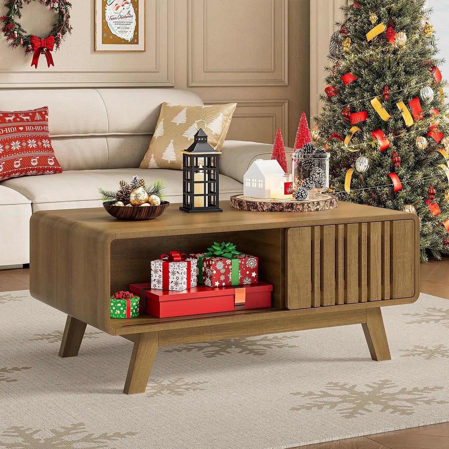 【Summerfinds】Onbrill Coffee Table, Mid Century Modern Table with Storage Compartment, Fluted Table with Sliding Cabinet Door, Farmhouse Wood Coffee Table for Living Room,Dorm Essentials,Home Decor