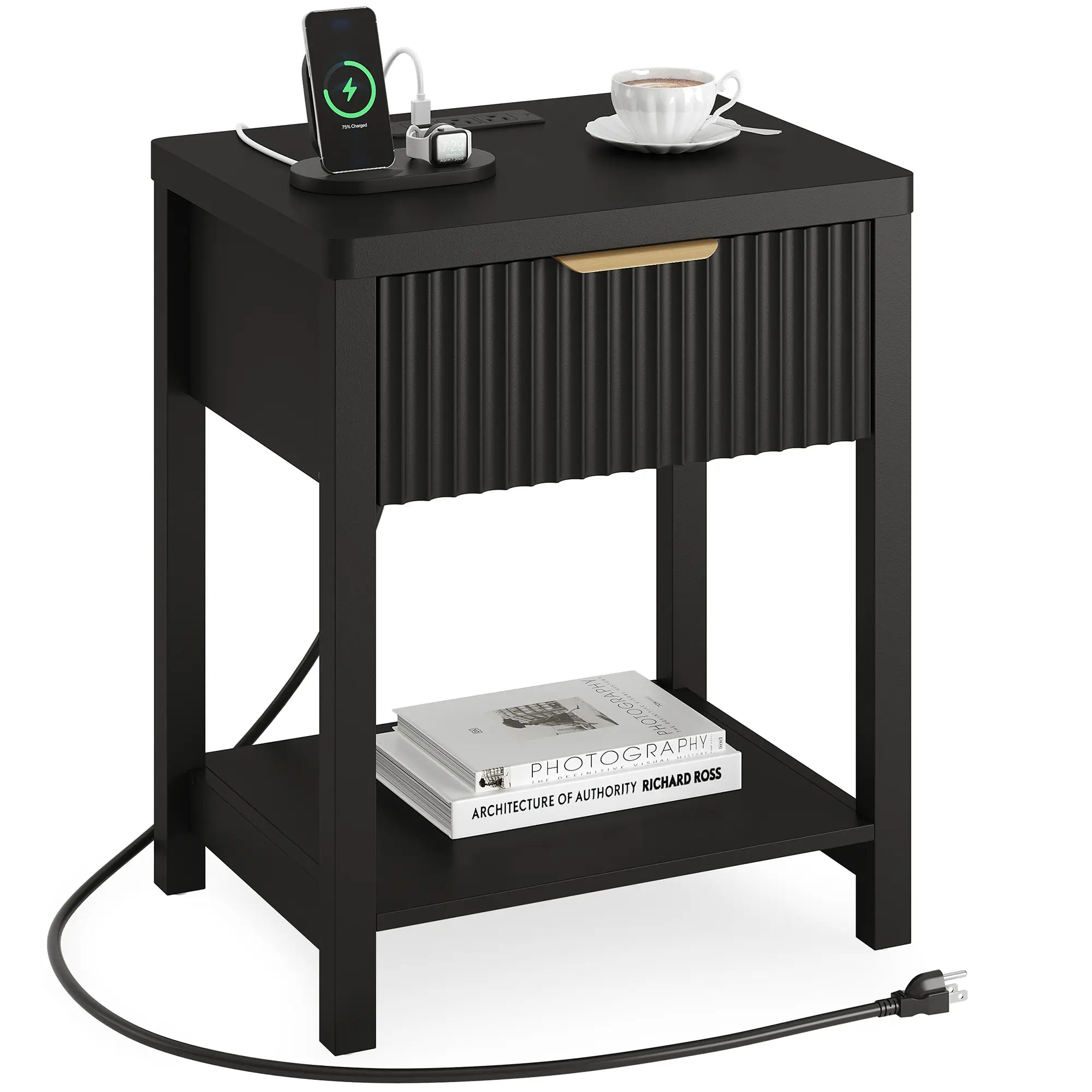 Aowos Fluted Nightstand, Bedside Tables with Charging Station, Boho Side Tables with Drawer &amp; Open Compartment for Bedroom Wooden Tabletop, Bedside Cabinet with USB Ports, Nightstand with Storage, Apartment Nightstand, Kids Bedside Table Tiktokshopspringg