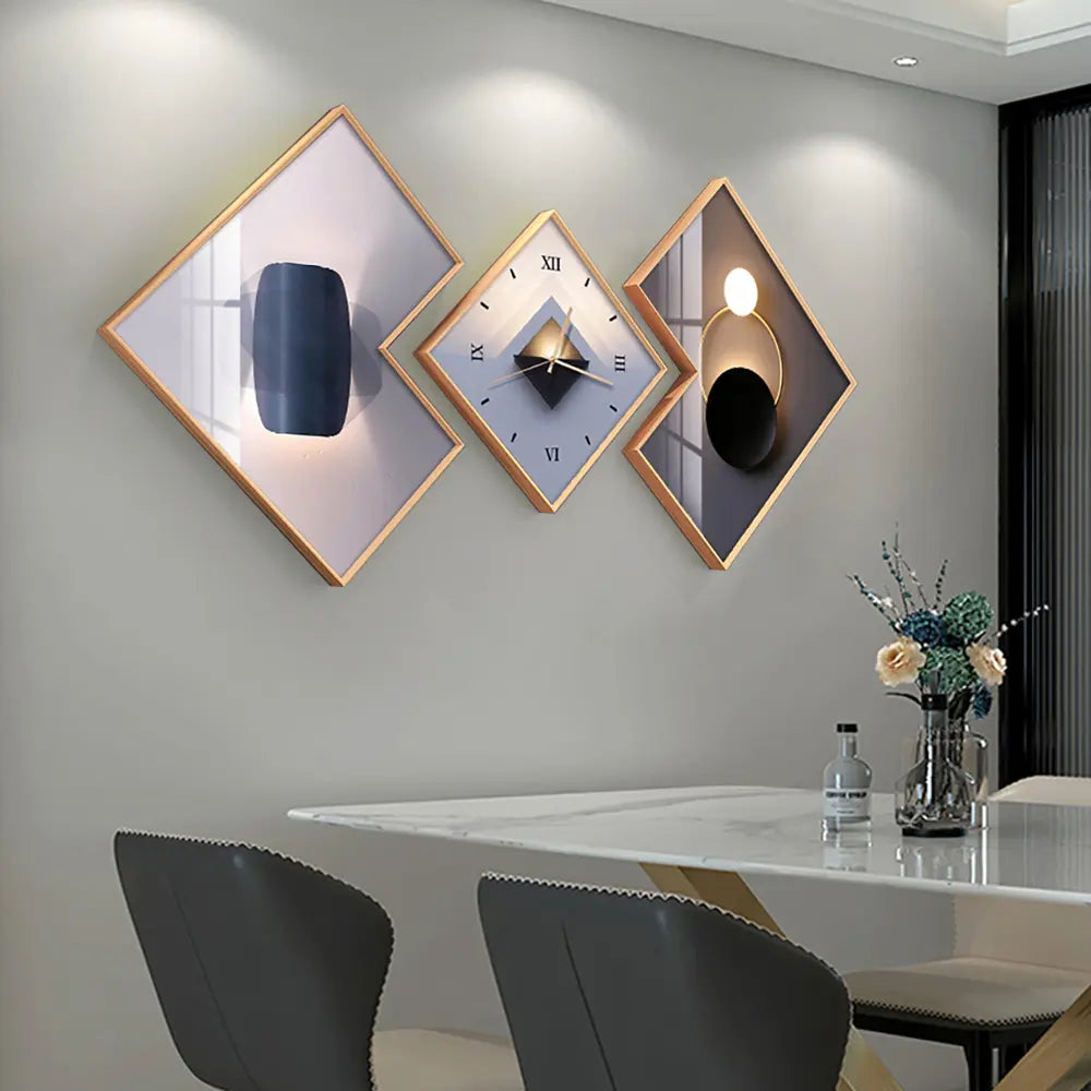 Homary 3-Pcs Square Modern Abstract Silent Aluminium Analog Wall Clock Set - Gold-Frame Canvas Artwork, Decorative Clock, Hanging Home Supplies for Living Room Entryway Decor