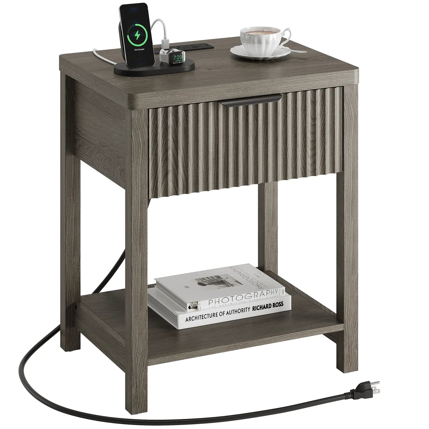 Aowos Fluted Nightstand, Bedside Tables with Charging Station, Boho Side Tables with Drawer & Open Compartment for Bedroom Wooden Tabletop, Bedside Cabinet with USB Ports, Nightstand with Storage, Apartment Nightstand, Kids Bedside Table Tiktokshopspringg