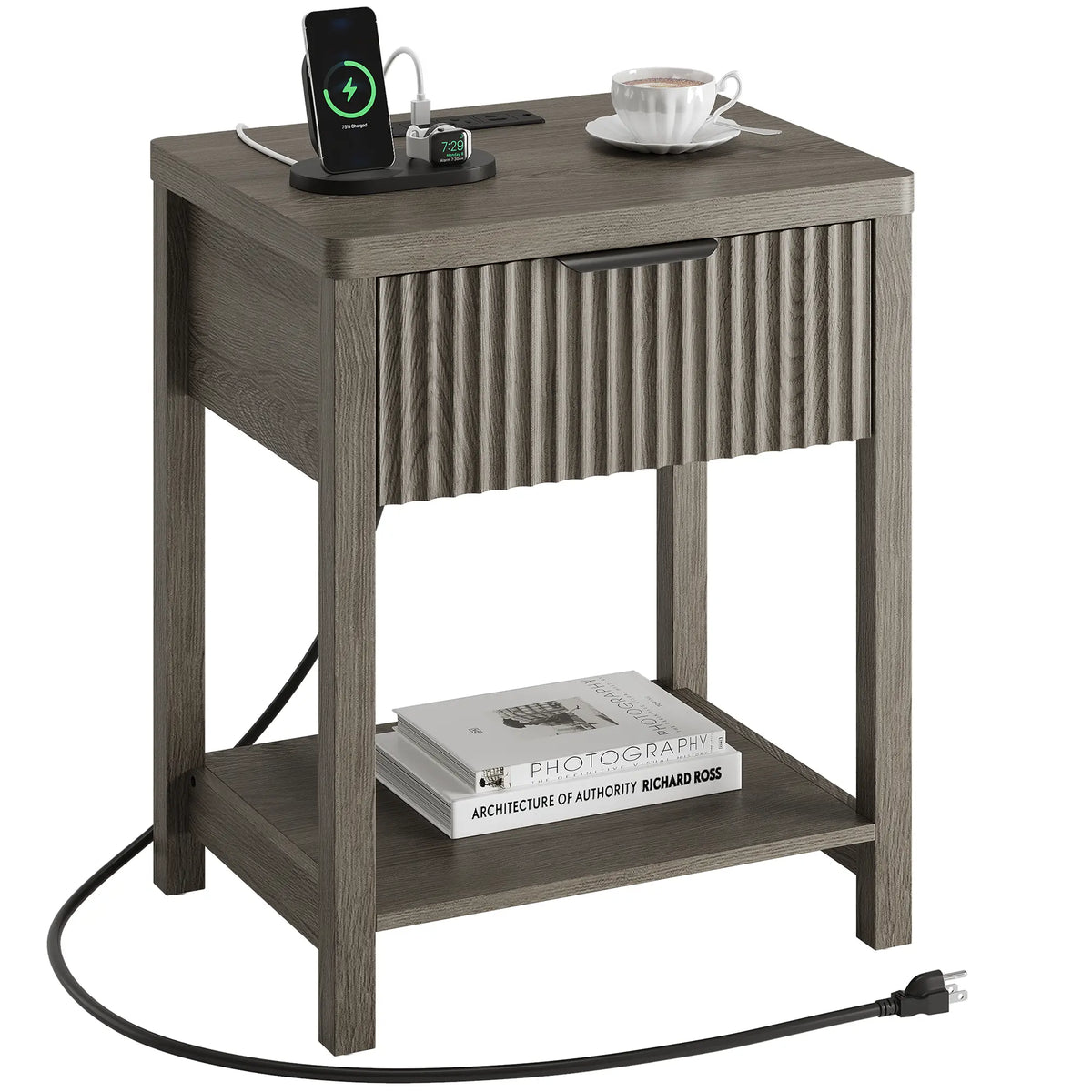 Aowos Fluted Nightstand, Bedside Tables with Charging Station, Boho Side Tables with Drawer &amp; Open Compartment for Bedroom Wooden Tabletop, Bedside Cabinet with USB Ports, Nightstand with Storage, Apartment Nightstand, Kids Bedside Table Tiktokshopspringg