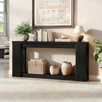 [Summergarden] Vabches Fluted Wooden Console Table with 2 Storage, 71 Inches Rectangular Entryway Table behind the Couch, Farmhouse Boho Sofa Table for Entrance, Hallway, Living Room (Black)