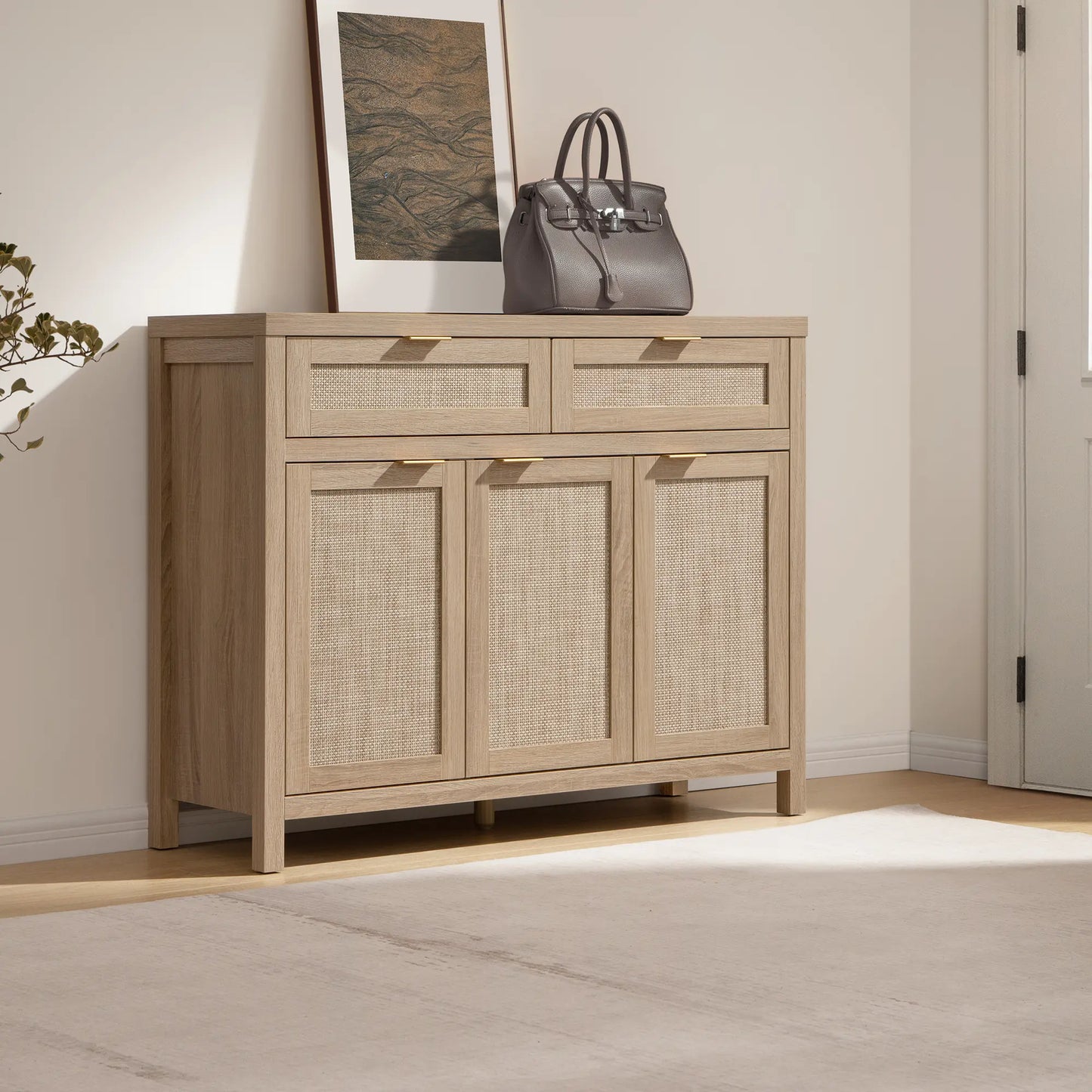 SICOTAS Rattan Sideboard Buffet Cabinet - Boho Farmhouse Credenza with 3 Doors and 2 Drawers, Storage Console Cabinet for Kitchen, Living Room, Entryway, Coffee Bar and Home Decor,Dorm Essentials