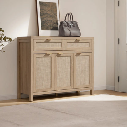SICOTAS Rattan Sideboard Buffet Cabinet - Boho Farmhouse Credenza with 3 Doors and 2 Drawers, Storage Console Cabinet for Kitchen, Living Room, Entryway, Coffee Bar and Home Decor,Dorm Essentials