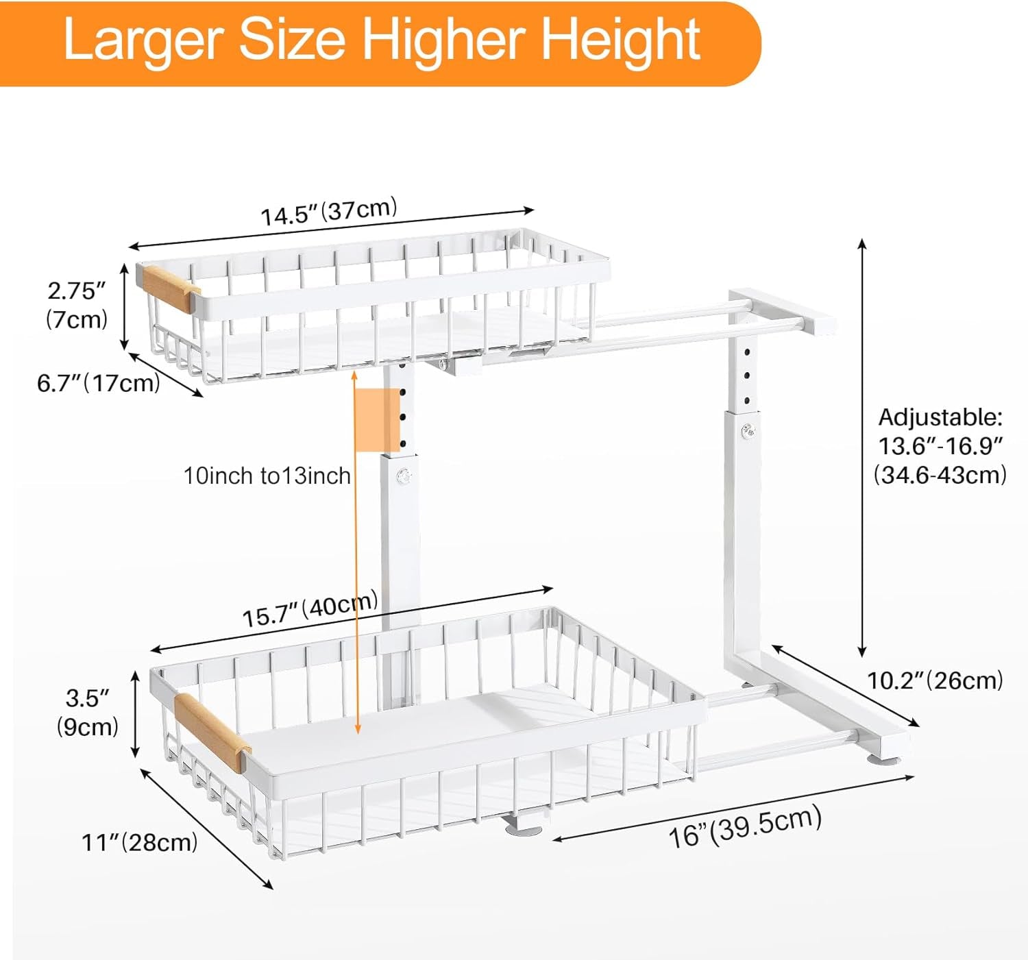 2 Pack under Sink Organizer,Adjustable Height,2 Tier Pull Out under Cabinet Organizer,Slide Out Thickened Metal under Sink Storage for Kitchen Bathroom Laundry Cabinet Pantry,White