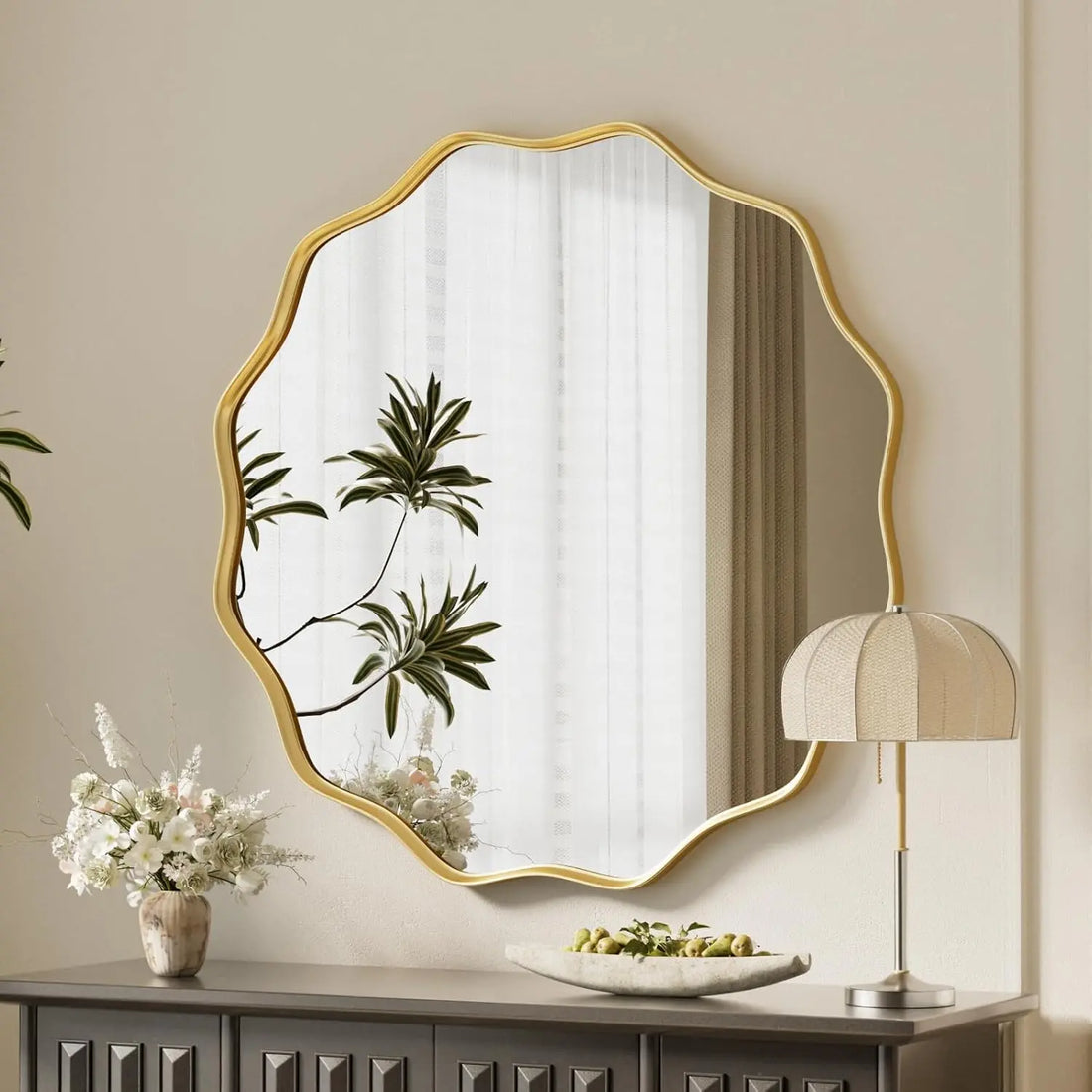Scalloped Circle Mirror, 24" Wavy Edge round Wall Mirror with Tempered Glass Textured Circular Metal Deep Frame, Leaning for Bathroom, Hallway, Entryway, Livng Room