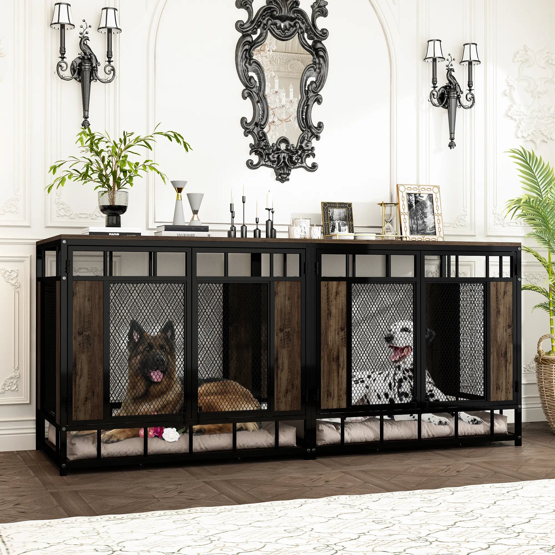 FUFU&GAGA 70.9" Large Double Dog Crate Furniture, Heavy Duty Dog Crate Kennel Furniture for 2-4 Dogs, Wooden Dog Crates Furniture