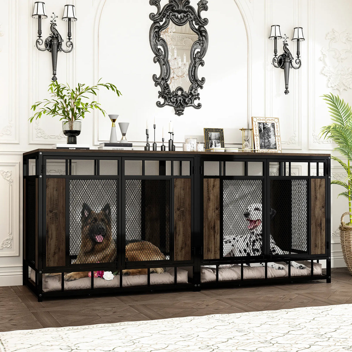 FUFU&amp;GAGA 70.9" Large Double Dog Crate Furniture, Heavy Duty Dog Crate Kennel Furniture for 2-4 Dogs, Wooden Dog Crates Furniture