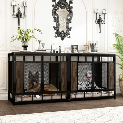 FUFU&amp;GAGA 70.9" Large Double Dog Crate Furniture, Heavy Duty Dog Crate Kennel Furniture for 2-4 Dogs, Wooden Dog Crates Furniture