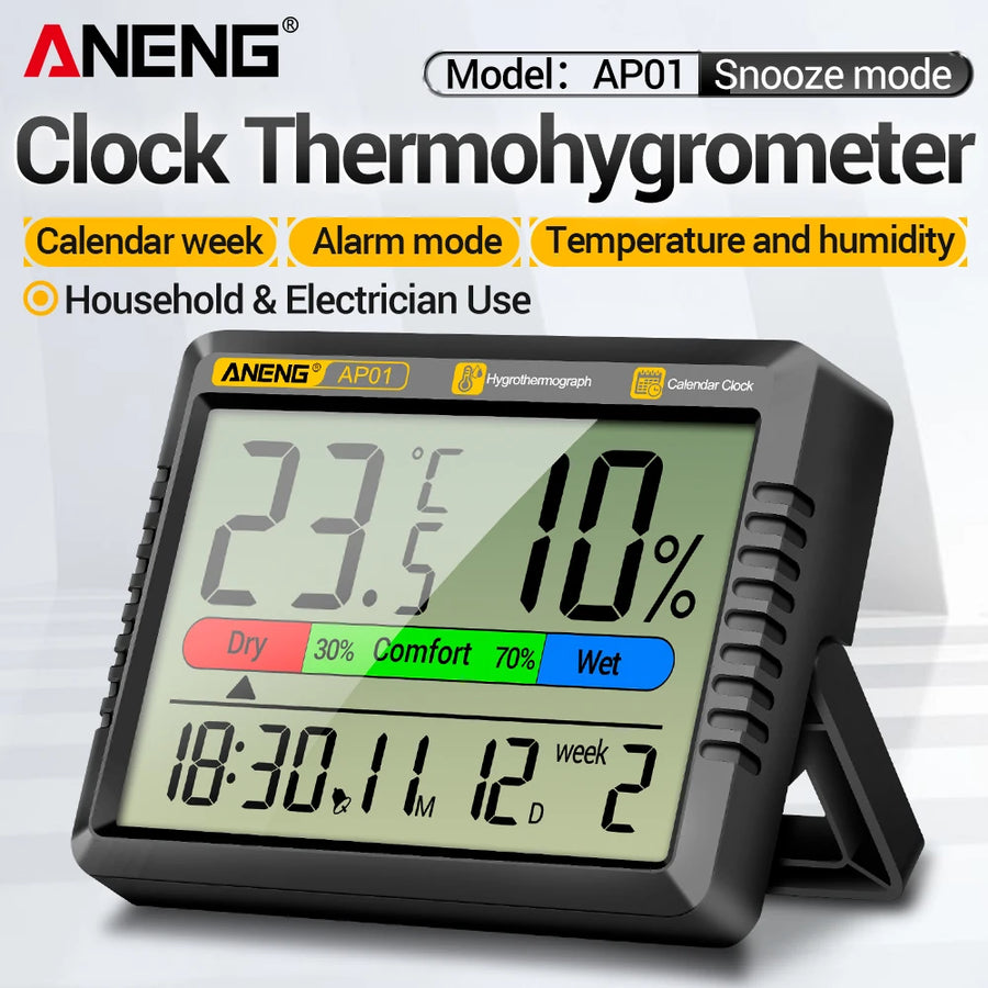 Thermometer Hygrometer Clock Cute Indoor Temperature Humidity Air Alarm Clock Calendar Week Display  AP01 for Home Office