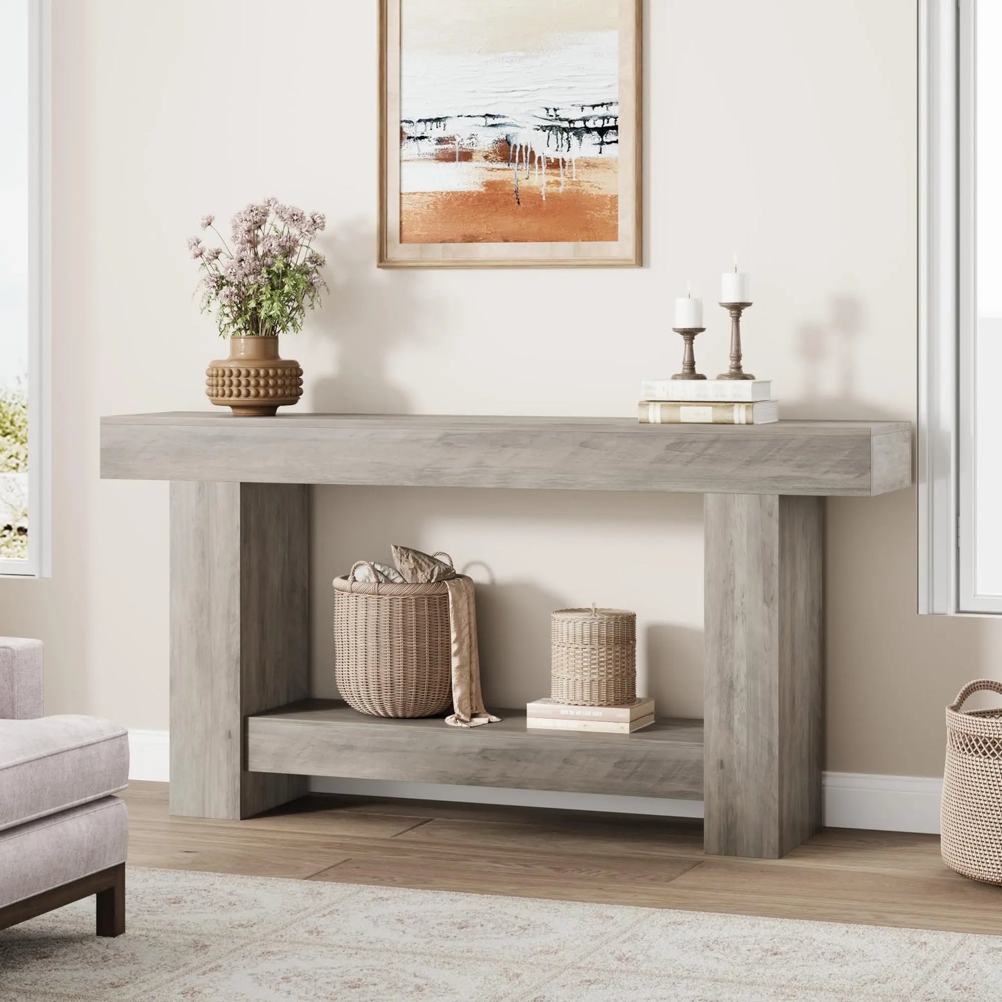 Entryway Console Table, Farmhouse 2-Tier Table with Open Storage, Long Sofa Accent Table for behind Couch, for Entrance Living Room Hallway Foyer (47 in / 63 in ),Dorm Essentials,Home Decor