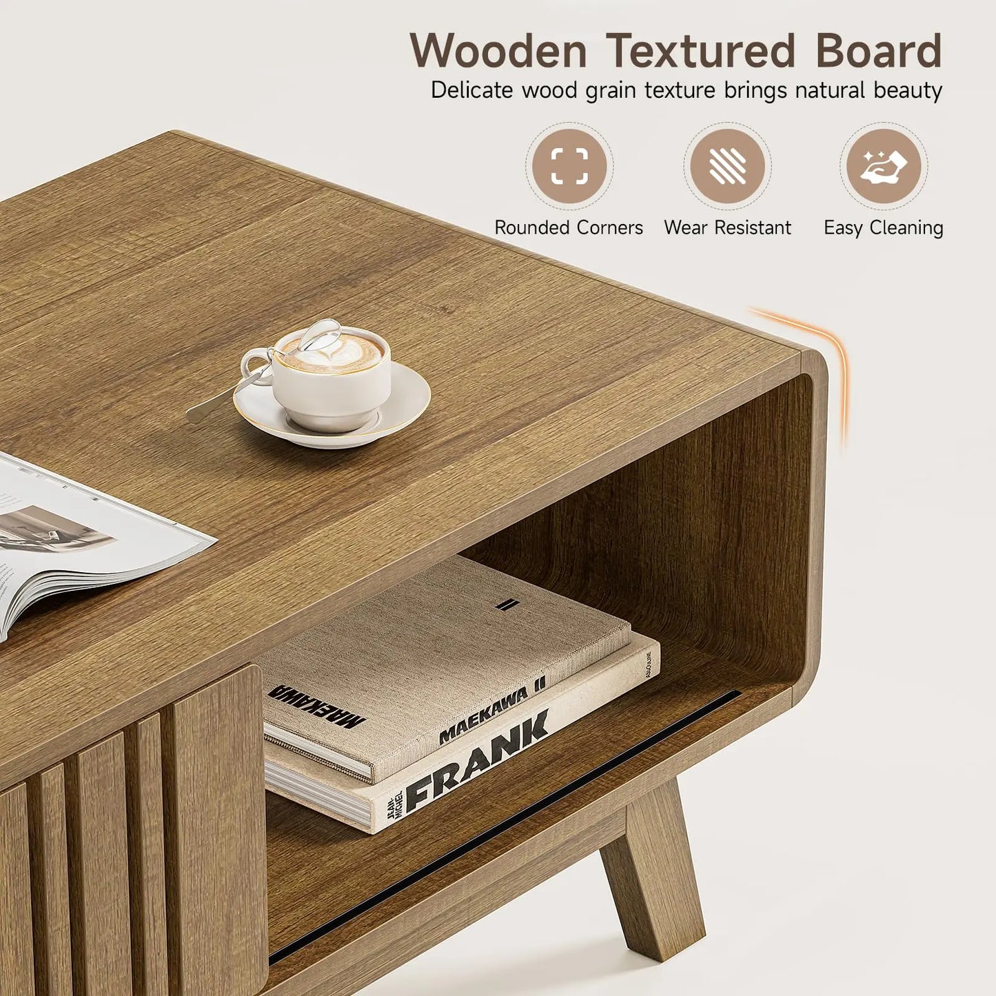 【Summerfinds】Onbrill Coffee Table, Mid Century Modern Table with Storage Compartment, Fluted Table with Sliding Cabinet Door, Farmhouse Wood Coffee Table for Living Room,Dorm Essentials,Home Decor