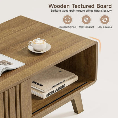 【Summerfinds】Onbrill Coffee Table, Mid Century Modern Table with Storage Compartment, Fluted Table with Sliding Cabinet Door, Farmhouse Wood Coffee Table for Living Room,Dorm Essentials,Home Decor