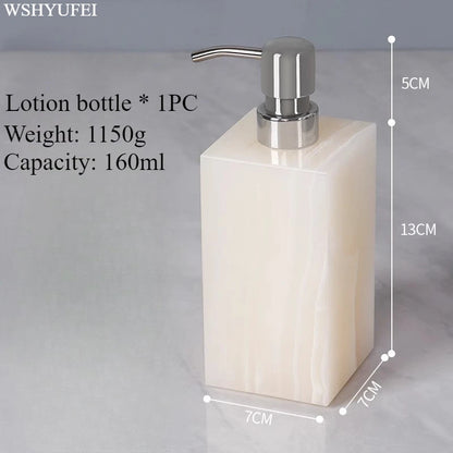 White Jade Stone Bathroom Accessory Set lotion bottle, elegant resin design, 160ml capacity for modern bathrooms.