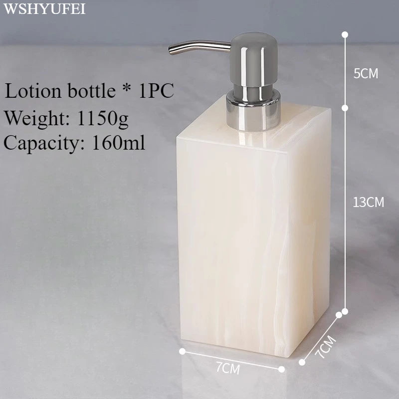 White Jade Stone Bathroom Accessory Set lotion bottle, elegant resin design, 160ml capacity for modern bathrooms.