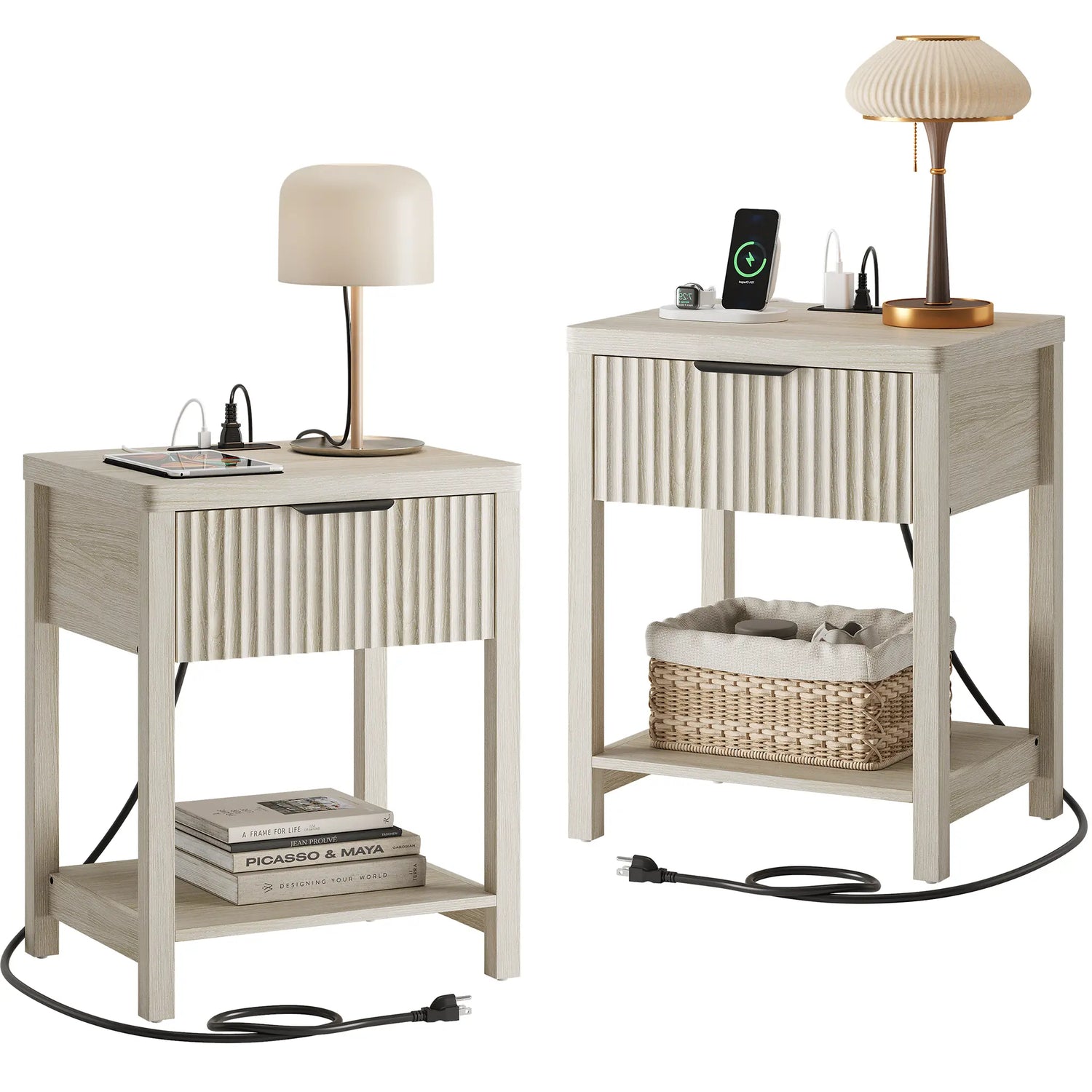 Aowos Fluted Nightstand, Bedside Tables with Charging Station, Boho Side Tables with Drawer &amp; Open Compartment for Bedroom Wooden Tabletop, Bedside Cabinet with USB Ports, Nightstand with Storage, Apartment Nightstand, Kids Bedside Table Tiktokshopspringg